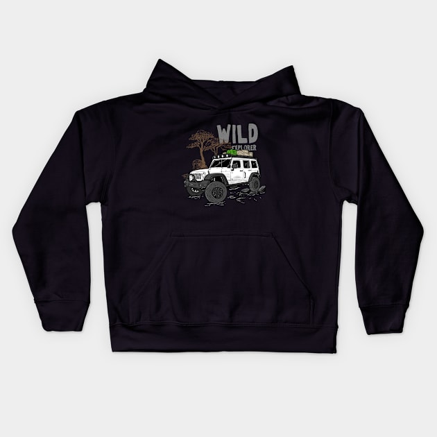 Wild Explorer Jeep - Adventure White Jeep Wild Explore for Outdoor enthusiasts Kids Hoodie by 4x4 Sketch